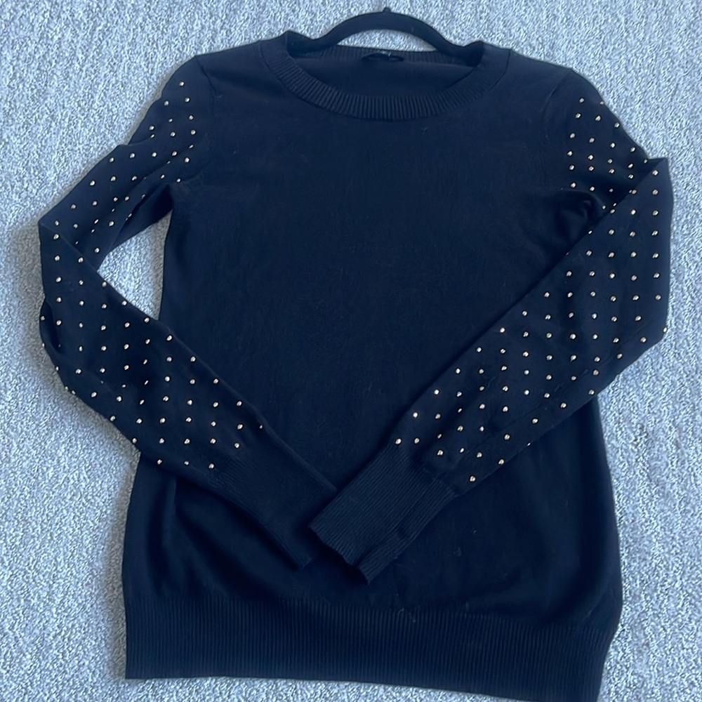 Express crew neck sweater with gold embellishments on sleeves